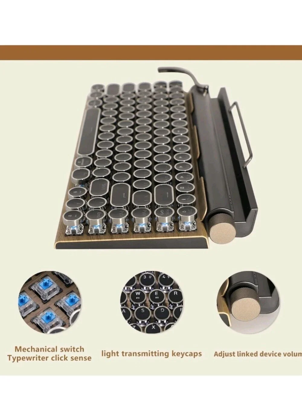 7KEYS Typewriter Keyboard Wireless Retro Mechanical with Bluetooth Wood Tone